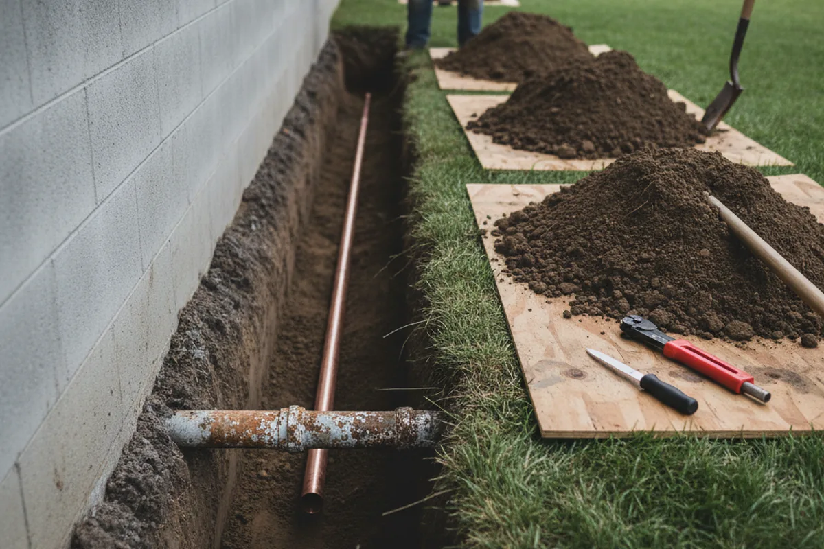 Excavated water line trench during Water Softener Installation in Ogunquit